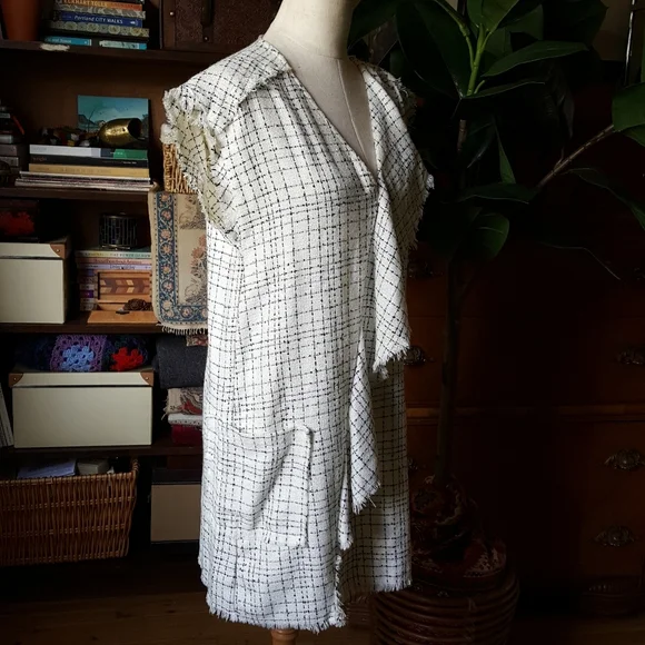 Zara Tweed Asymmetric Ruffle Dress V Neck Pockets - Picture 6 of 9